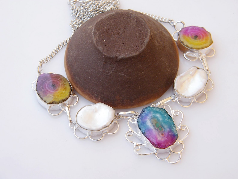 Handmade Necklace Silver Plated Women Gift Mother of Pearl Necklace Daily Wear Necklace Jewelry Solar Agate Women Necklace