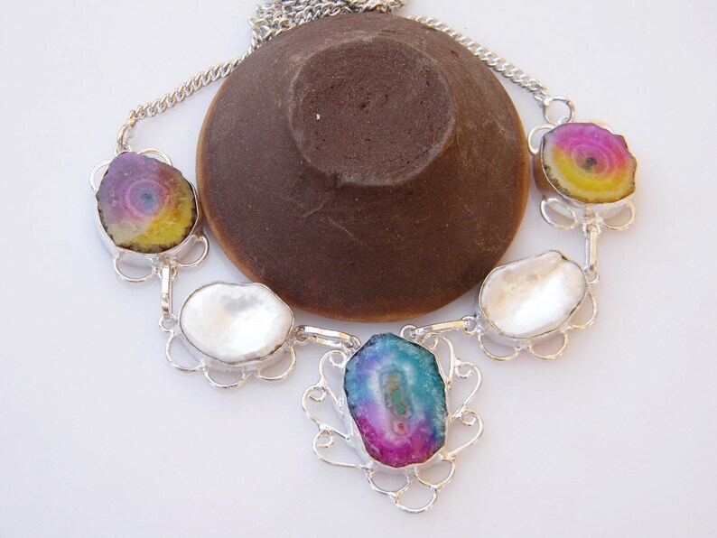 Handmade Necklace Silver Plated Women Gift Mother of Pearl Necklace Daily Wear Necklace Jewelry Solar Agate Women Necklace