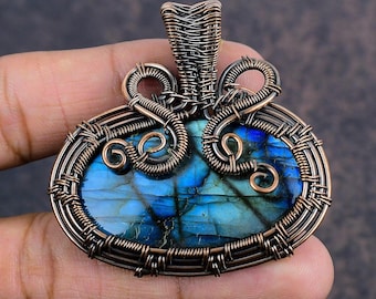 Labradorite Pendant Copper Wire Wrapped Jewelry, Statement Gemstone Necklace, Boho Wire Wrap Crystal Pendant, Gift for Wife, Artisan Jewelry
