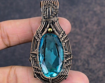 Blue Topaz Pendant Necklace, Copper Wire Wrapped Jewelry, Artisan Handmade Gemstone Necklace, December Birthstone Gift for Her, Boho Jewelry