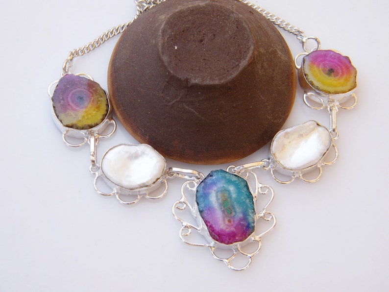 Handmade Necklace Silver Plated Women Gift Mother of Pearl Necklace Daily Wear Necklace Jewelry Solar Agate Women Necklace