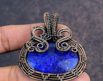 Lapis Lazuli Pendant Necklace, Wire Wrapped Copper Jewelry, Oval Gemstone Healing Crystal Pendant, Unique Handmade Gift for Her