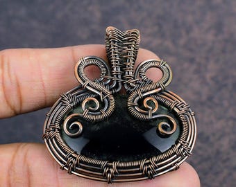 Black Onyx Copper Pendant, Wire Wrapped Gemstone Necklace, Handmade Jewelry Gift for Women, Antique Copper Wire Wrap Pendant, Boho Charm