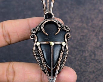Shungite Copper Wire Wrapped Pendant, Handmade Crystal Necklace, Boho Gemstone Jewelry, Unique Gift for Wife, Earthy Statement Piece