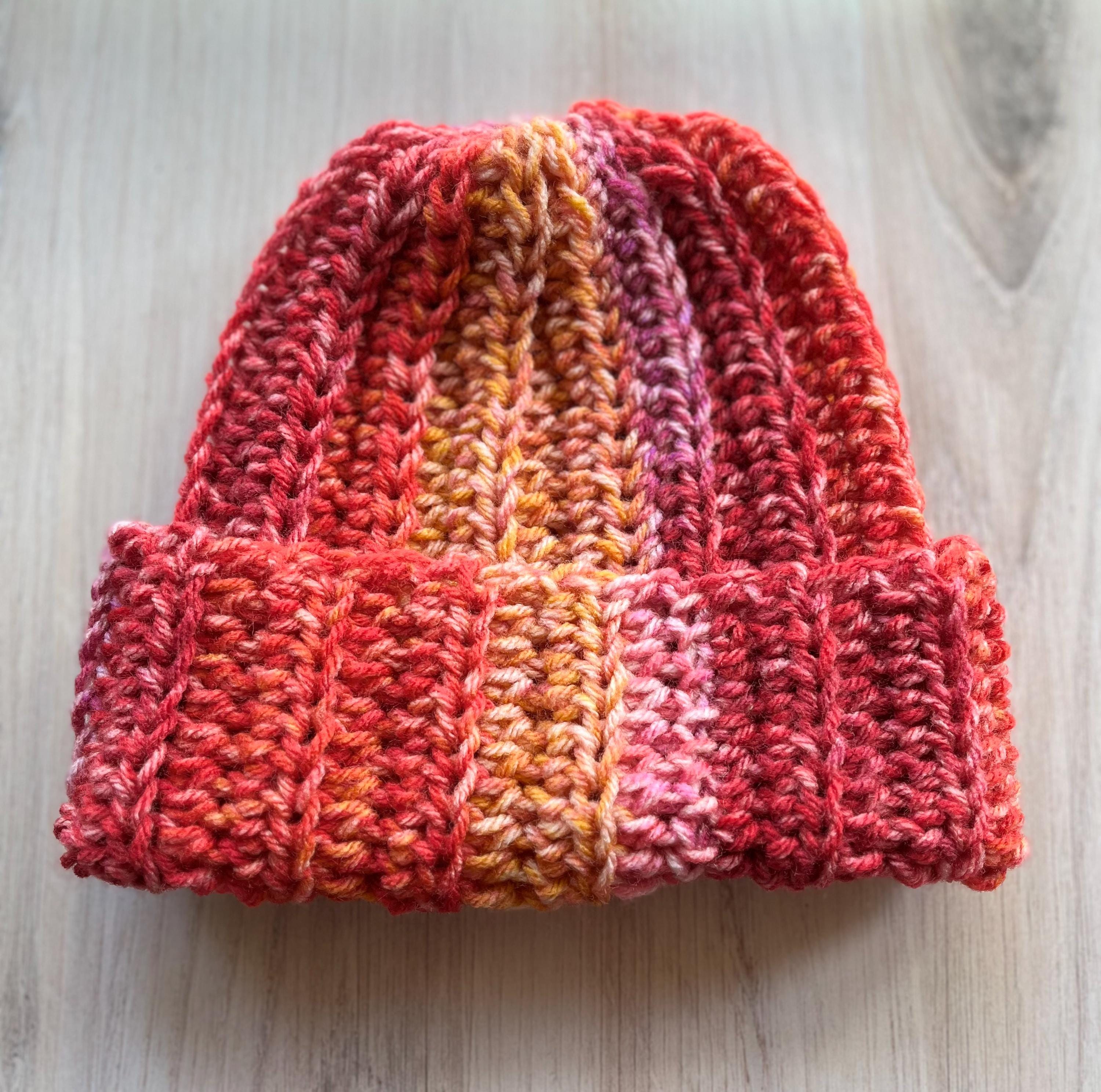 Crochet Beanie Handmade Multicolored Winter Hat, Red and Pink Cozy Snow Gear, Warm Crochet Hats for Women & Men