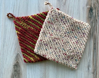 Set of Three Crochet Potholders, Cotton Hot Pad, Handmade Home, Farmhouse Hot Pad, Double Thick Crochet Potholder, Crochet Potholder, Baker