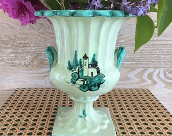 Early Italian Urn Vase with Charming Hand-Painted Scene and Scalloped Rim
