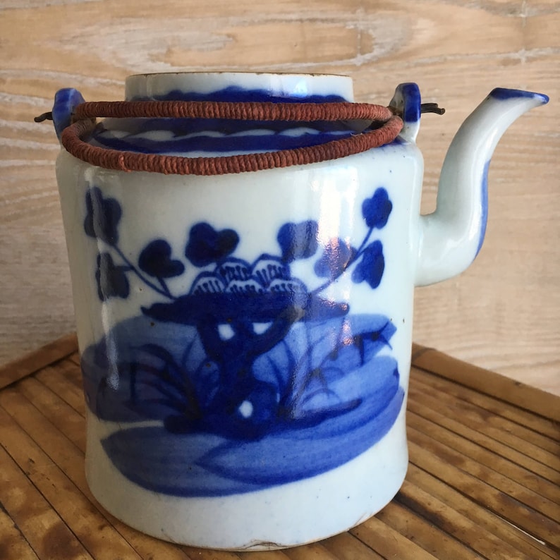 Chinese Export Porcelain Blue Teapot W/original Handles as Found 1800s