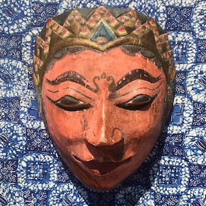 Javanese Hand-Painted, Hand-Carved Wood Dance Mask Pink!