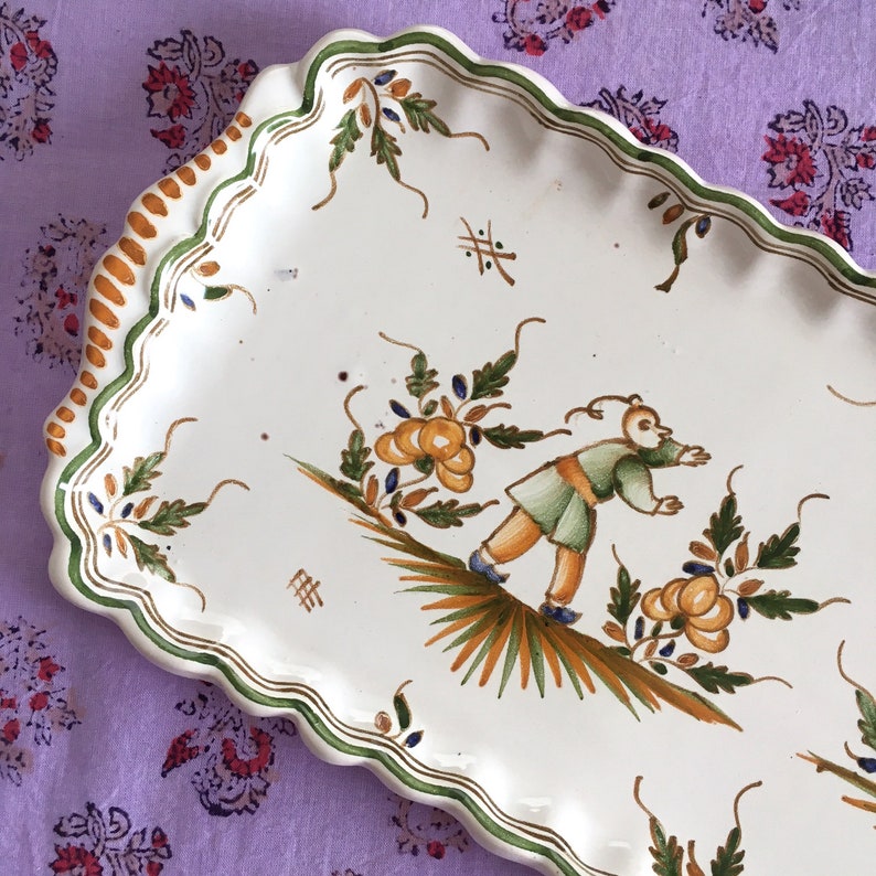 Moustiers Tin-Glazed Scalloped Tray Early 20th-Century Chinoiserie Made in FRANCE image 1