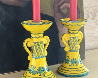 PAIR of Yellow & Aqua Hand-painted Candlesticks | Vintage | ITALY