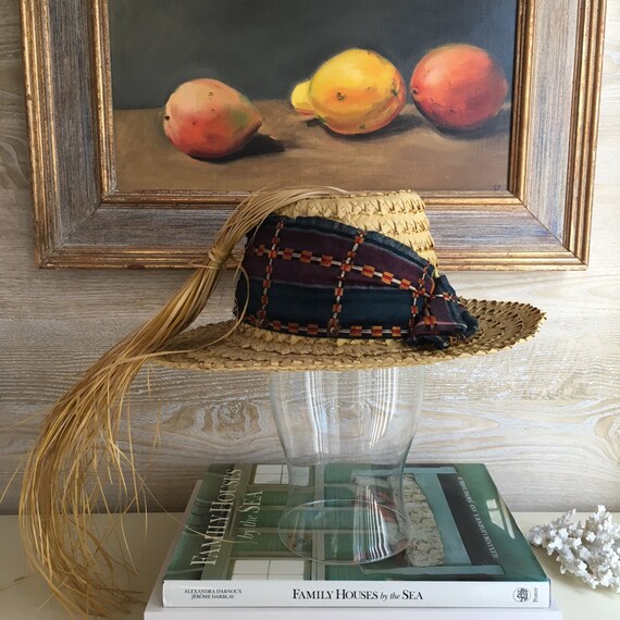 Vintage Straw Hat with African Fabric + Straw Stra