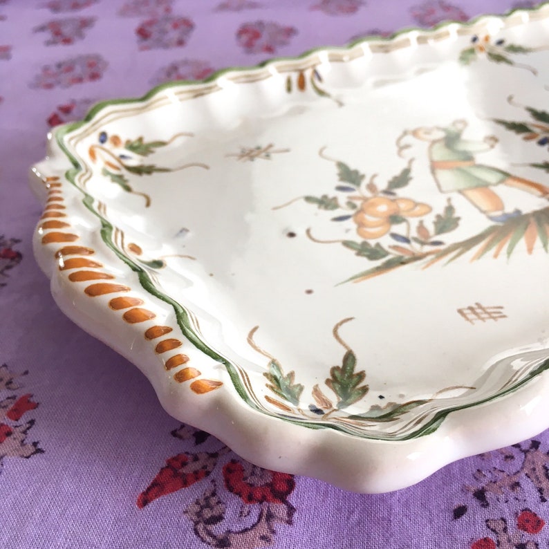 Moustiers Tin-Glazed Scalloped Tray Early 20th-Century Chinoiserie Made in FRANCE image 4