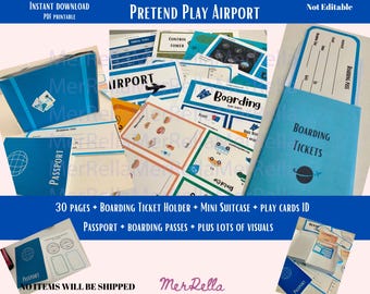 Pretend Airport Dramatic Play Set, Printable Passport, Boarding Pass (PDF Download)