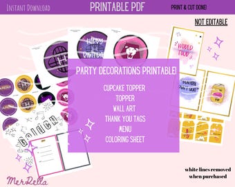 Dekoracje urodzinowe Łowców Demonów do wydrukowania, ozdoby na babeczki K-pop Huntrix Party i etykiety z podziękowaniami (plik PDF do wydrukowania)