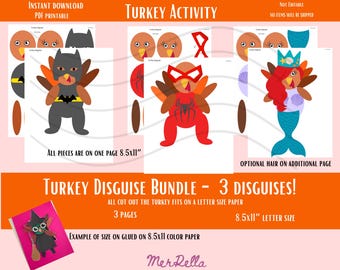 Türkei Disguise Printable, Bundle Mermaid Superhero Türkei Disguise, Kinder Thanksgiving Spiel druckbar, Türkei Disguise Aktivität