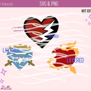May include: Three layered SVG files for cutting machines. The first is a red heart with a lightning bolt, the second is a blue and gold shield with swords, and the third is a red apple with a gold leaf.