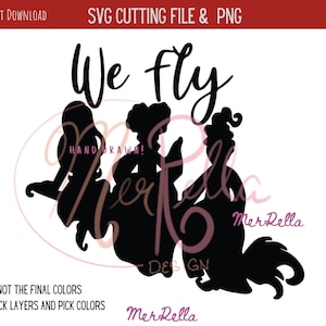 May include: Black and white silhouette of three women with the text "We fly" above them. The text "HAND DRAWN!" is below the women. The text "Mer Rella DE GN" is below the women. The text "Mer Rella" is below the text "NOT THE FINAL COLORS YOU PICK LAYERS AND PICK COLORS".