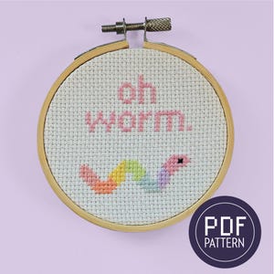 May include: A cross-stitch embroidery hoop with a rainbow worm and the text "oh worm" in pink thread.