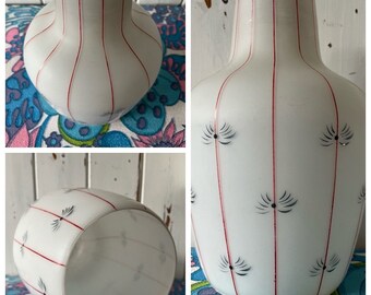 Vintage 1950s/60s Opaque Glass Lampshade with Red Stripe and Feathery Pattern - 26 cm