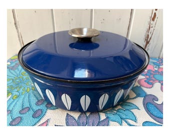 Vintage Cathrineholm Enamel Pan & Lid Navy Blue Lotus Design Made In Norway -Width 27 cm - Missing Handle
