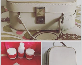 Vintage Cream Vanity Case with red interior  - Key and Bottles circa 1960s 1970's