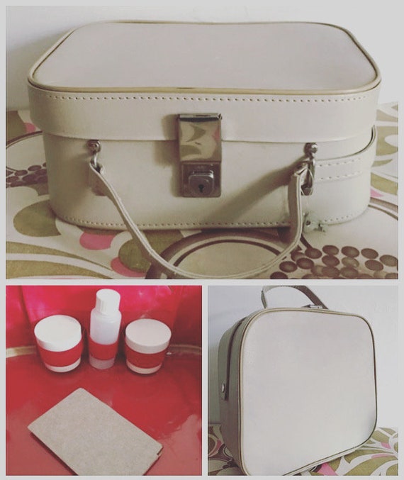 Vintage Cream Vanity Case with red interior  - Ke… - image 1