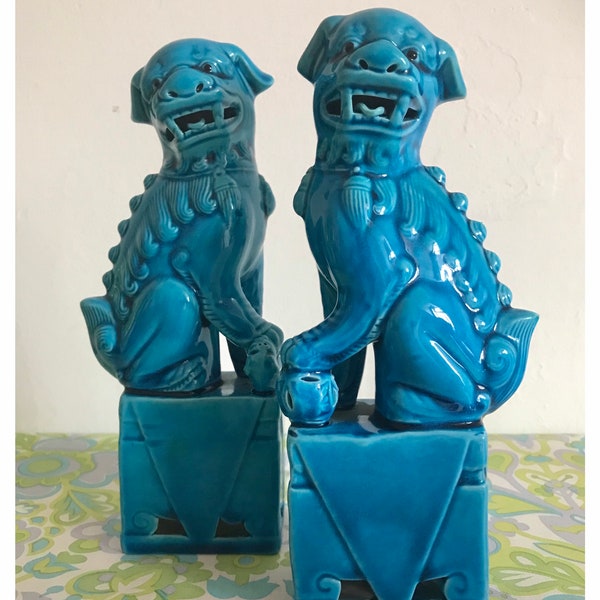 Vintage Pair of Blue Foo Dogs Shi Lions Mid Century circa 1960s