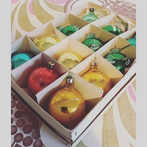 Vintage Box of Christmas Bauble Decorations 1960s 1970s