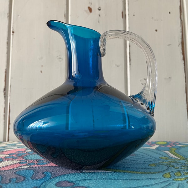 1960s vintage Whitefriars Peacock Blue Glass Jug with clear glass No  9617
