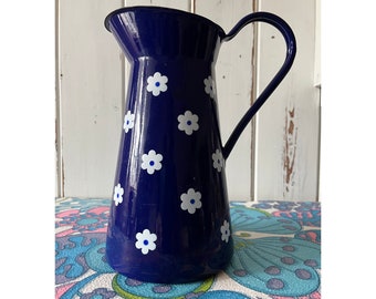 Blue Daisy Enamel Ewer Jug circa 1970's - Made in Yugoslavia