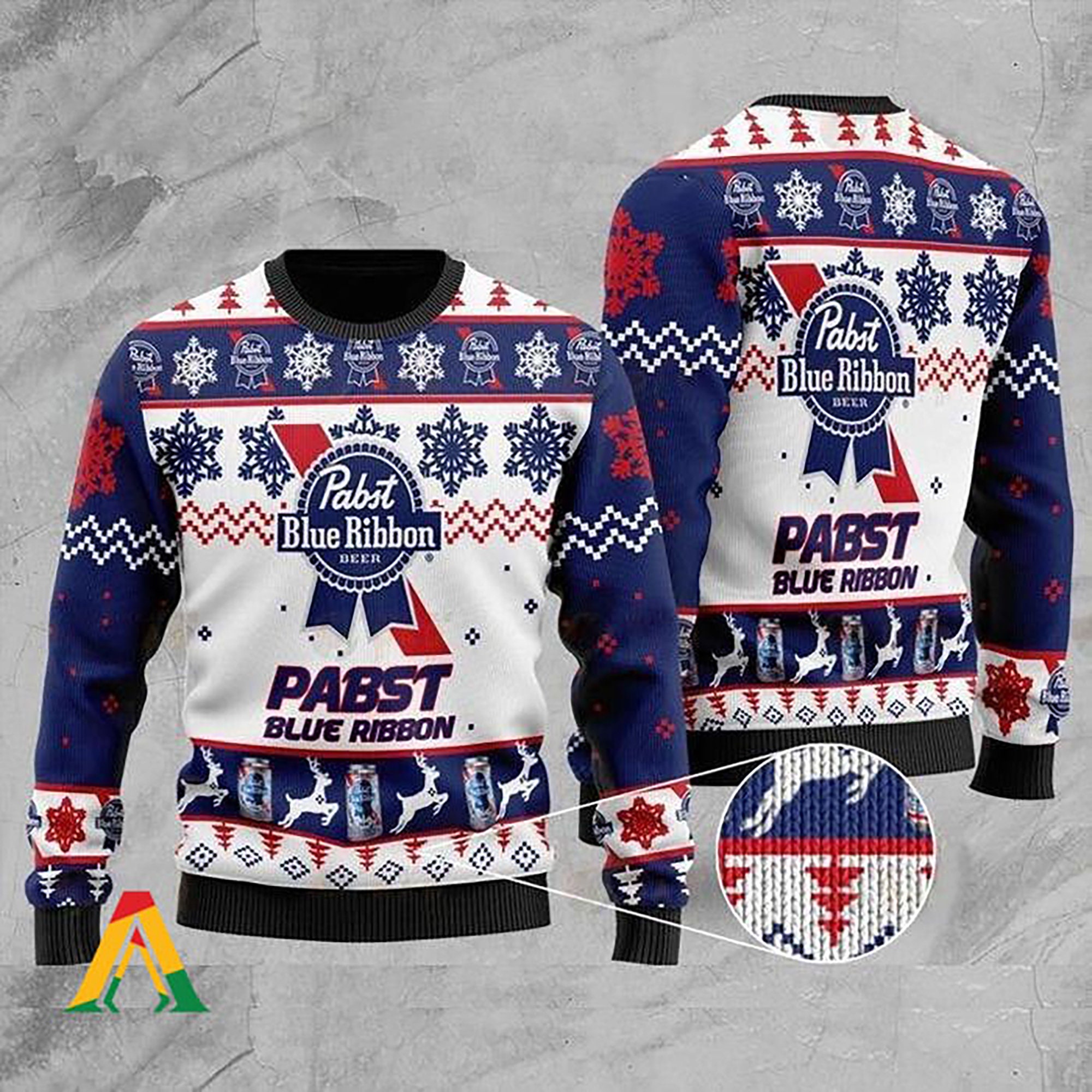 Pabst Blue Ribbon Beer Knitted Ugly Christmas Sweater