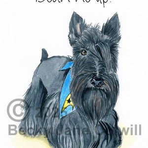 Strahlen Sie mich hoch. Grußkarte mit einem Scottie Hund, der einen Star Trek® trägt, nach einer originalen Aquarell-Illustration.