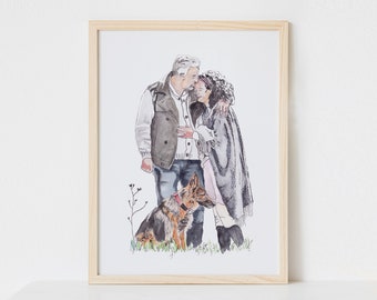 Custom couples portrait | Family portrait | Original watercolour painting and pen illustration | Pet & Owner | Illustration | Gift