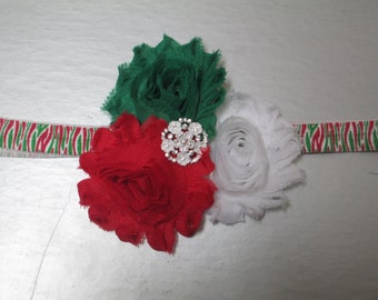Christmas Red White Green Triple Shabby Flower Headband