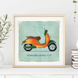 RETRO VESPA Bellavita 125, plakat przedstawiający zabytkowy skuter, bezszwowy retro motorower