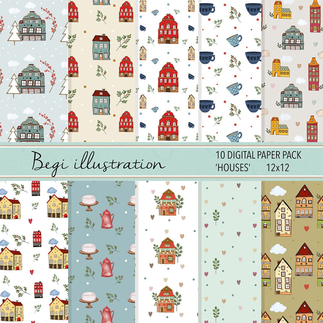 Houses Digital Paper Set - House Digital Pattern - Seamless Patterns ...