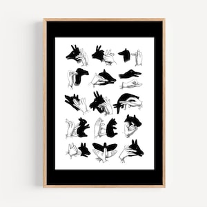 Arte de pared con marionetas de sombras de manos, instrucciones imprimibles para hacer sombras de dedos, teatro de sombras, sombras de manos, artes escénicas, regalo de decoración de guardería vintage