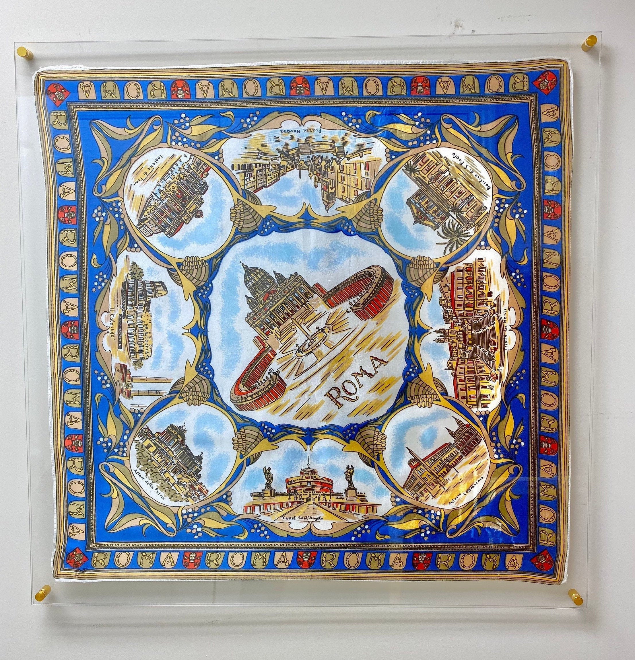 custom-framed-hermes-silk-scarf-gold-leaf-blue - Acme Framing