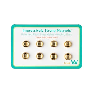 May include: A package of eight gold-colored, pearl snap magnets. The package has a teal border and includes the text "Impressively Strong Magnets" and "They hold their own!"