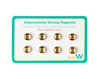 May include: A pack of eight gold pearl snap magnets. The packaging has a teal border and text that reads "Impressively Strong Magnets" and "They hold their own!"