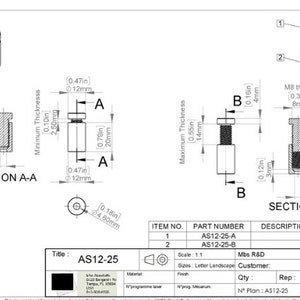 May include: A technical drawing of a black metal stand with a threaded post. The drawing shows the stand in two different views, with dimensions in inches and millimetres. The stand is labelled "AS12-25" and is described as a "Mbs R&D" product.