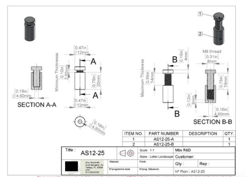 May include: A technical drawing of a black metal stand with a threaded post. The drawing shows the stand in two different views, with dimensions in inches and millimetres. The stand is labelled "AS12-25" and is described as a "Mbs R&D" product.