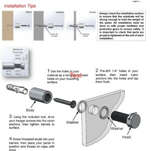 May include: Diagram showing how to install a wall-mounted shelf using a hanger screw, nylon anchors, and a threaded stud. The diagram includes instructions for pre-drilling holes, inserting anchors, and tightening the screws. The diagram also shows the maximum thickness of the material that can be used with the hanger screw.
