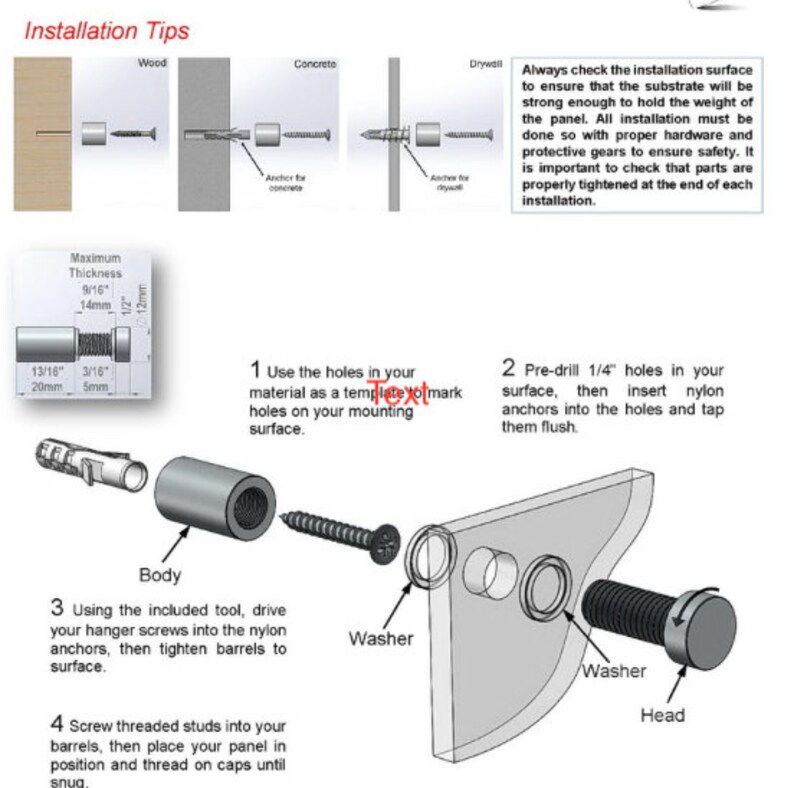 May include: Diagram showing how to install a wall-mounted shelf using a hanger screw, nylon anchors, and a threaded stud. The diagram includes instructions for pre-drilling holes, inserting anchors, and tightening the screws. The diagram also shows the maximum thickness of the material that can be used with the hanger screw.