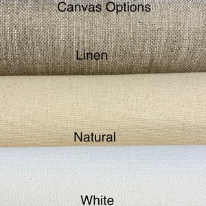 May include: Close-up of three different canvas textures: linen, natural, and white. Canvas Options is written at the top of the image.