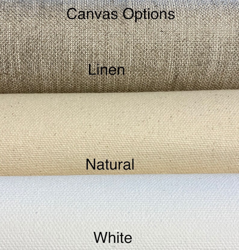 May include: Close-up of three different canvas textures: linen, natural, and white. Canvas Options is written at the top of the image.
