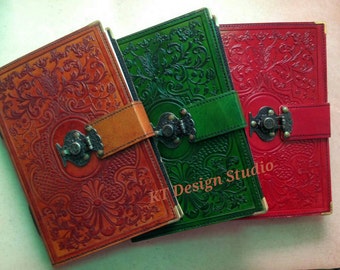 Handmade Leather Wedding guestbook /Journal/Sketchbook(Floral Pattern) Antique Brass Touch button