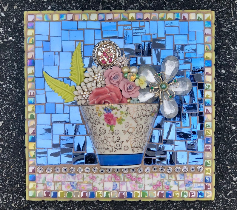 Mosaic Half-Cup Wall Panel with Jeweled Bouquet