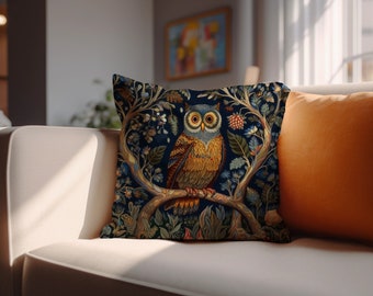 Cottagecore Wise Owl Floral Botanical Pillow Case William Morris Inspired Owl in Forest Design, Forestcore Vibes, INSERT NOT INCLUDED